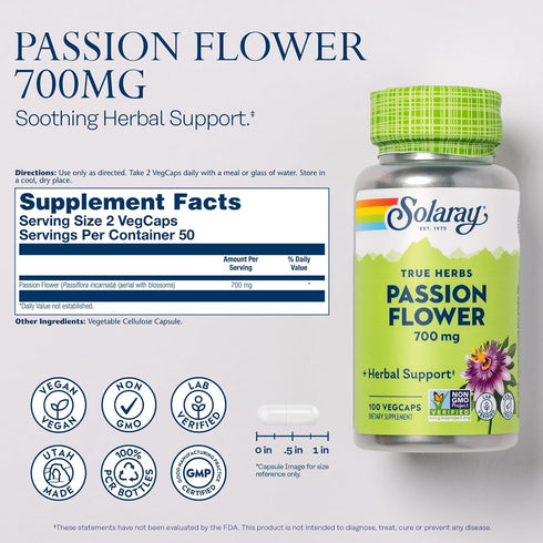 SOLARAY Passion Flower 700 mg Whole Aerial - Soothing Herbal Support - Passion Flower Capsules - Vegan, Non-GMO, 60-Day Guarantee, Lab Verified - ...
