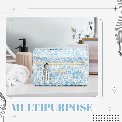 2 Pcs Cotton Quilted Makeup Bag Floral Cotton Cosmetic Bag Large Coquette Make up Pouch Aesthetic Floral Toiletry Bag for Women Girls Home Bathroo...