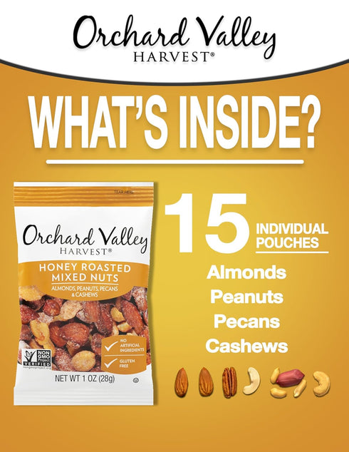 Orchard Valley Harvest Honey Roasted Mixed Nuts, 1 Ounce Bags (Pack of 15), Almonds, Peanuts, Pecans, and Cashews, Gluten Free, Non-GMO, No Artifi...