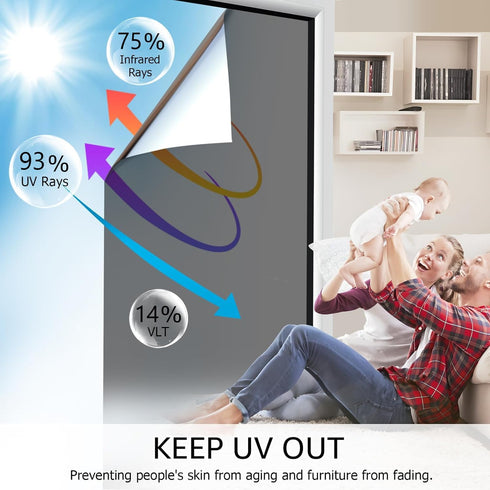 HIDBEA One Way Window Film, Daytime Privacy Sun Blocking Reflective Window Film No Glue Static Cling Heat Control Window Tinting Film for Home and...