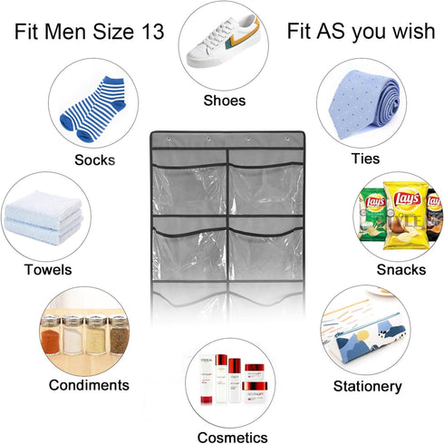 Clear Crystal 1 Pack 12Pockets Large Hanging Shoe Organizer Over The Door Shoe Rack for Closet Door Storage Shoe Holder Hanger, 4Hooks, Grey (59''...