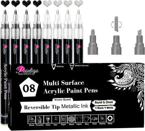 Acrylic Paint Pens,8 Pack 4 Black and 4 White Paint Markers, Paint Pens for Rock Painting Stone Ceramic Glass Wood Plastic Glass Metal Canvas,Draw...