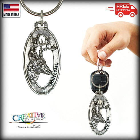 Whitetail Deer Keychain, Pewter, M008KC, 2”, 100% Handmade in the USA, White Tail Deer Keychain, Deer Key Chain, American Whitetail Deer Key Ring,...