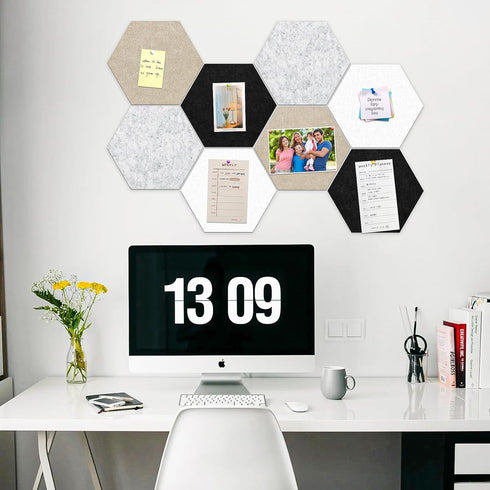 12" Large Bulletin Board with 30 Push Pins, Pack of 8 Hexagon Felt Pin Board Notice Boards for Home Office Kitchen, Felt Wall Tiles for Photos Mem...