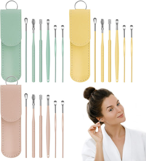 3 Set Ear Pick Cleaning Kit for Ear 6Pcs/Set Stainless Steel Earwax Removal Kit with PU Leather Storage Bag Ear Cleaning Tool for Women and Men...