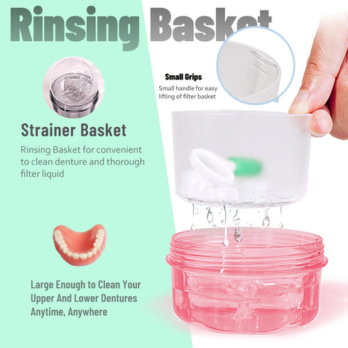 No Leak & Non-Slip Partial Denture Case Retainer Bath Box Cup, Denture Soaking Cup False Teeth Holder Box Case with Strainer Basket and Brush,Dish...