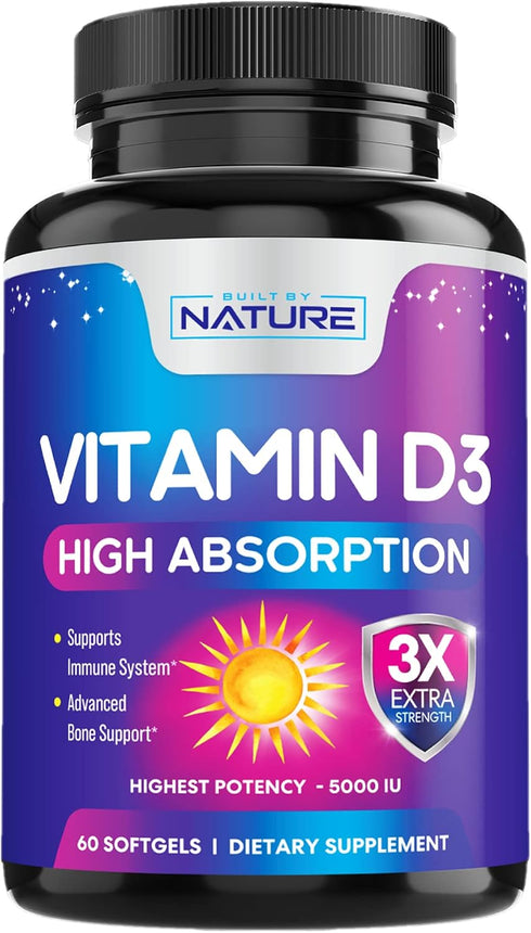 Vitamin D3 High Potency 5000 IU (125 mcg), Bone, Teeth, Muscle & Immune Health Support, Non-GMO, Gluten-Free, 2 Month Supply in Rapid-Release High...