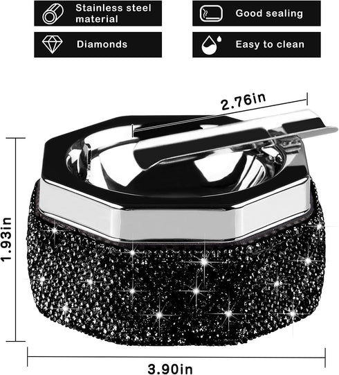 Ashtray,Stainless Steel Ashtray with Lid Bling Crystal Diamonds,Cigarette Ashtray for Indoor or Outdoor Use,Ash Holder for Smokers,Desktop Smoking...