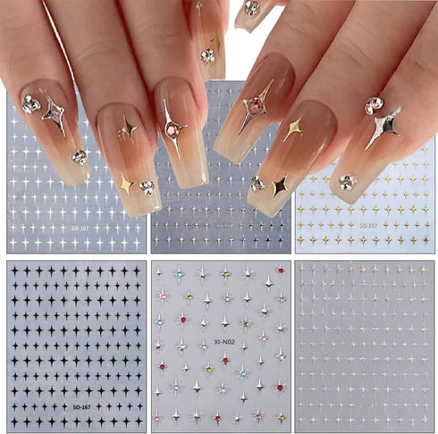 6 Sheets Star Nail Stickers 3D Star Nail Supplies Self Adhesive Black and White Star Nail Art Stickers Star Nail Design Laser Gold Flash Star Nail...