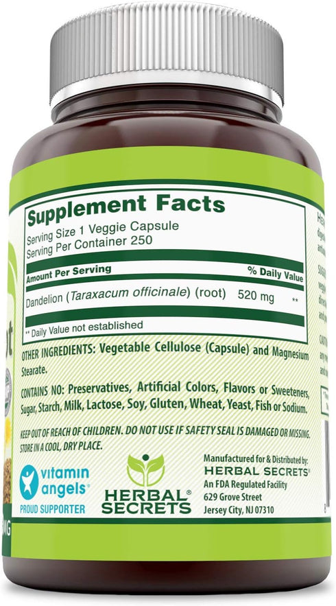 Herbal Secrets Dandelion Root 520 mg Veggie Capsules Supplement | Non-GMO | Gluten Free | Made in USA (250 Count)...