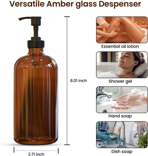 16 OZ Thick Amber Glass Soap Dispenser with Plastic Pump 2 Pack, Hand and Dish Soap Dispenser Set for Bathroom with 6 Waterproof Labels...