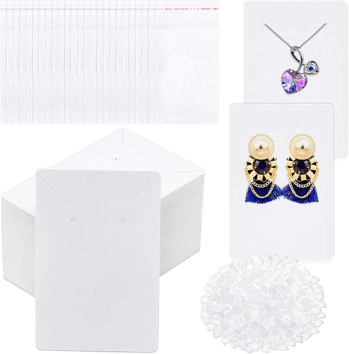 Anezus White Earring Packaging Kit - 400 Pcs with Display Cards, Self-Sealing Bags, Earring Backs & Necklace Cards...