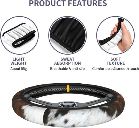 Faux Cowhide Print Steering Wheel Cover Non-Slip Neoprene Universal 15 Inch Car Steering Wrap for Women/Men...