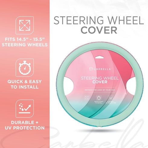 Mint Green Diamond Bling Steering Wheel Cover, Standard 15 Inch Size Fits Most Vehicles, Cute Faux Leather Car Steering Cover with Rhinestone Crys...