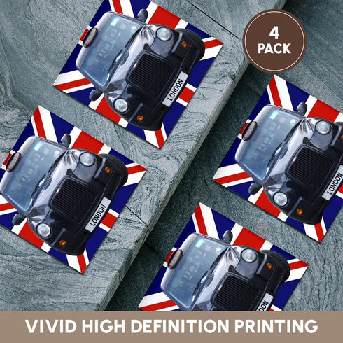 3dRose CST_113050_3 London Black Taxi Cab on British Flag Union Jack Background UK Great Britain United Kingdom Travel Ceramic Tile Coasters, (Set...