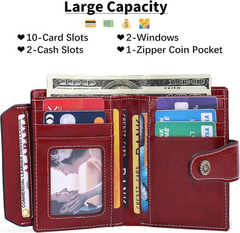 Falan Mule Women's Wallet, Genuine Leather, Bifold, Compact, RFID Blocking, ZAC-Burgundy, 10 Slots, 2 Windows, Coin Zipper, 2 Full-Length Compartm...
