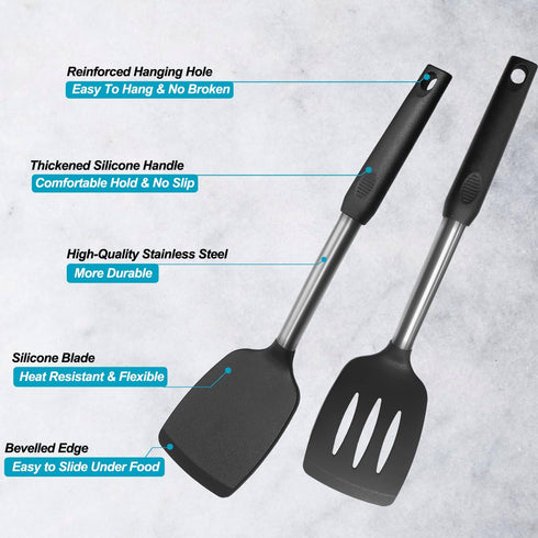 2 Pack Spatulas, Solid & Slotted Silicone Spatula Set, Stainless Steel Handle Coated with Silicone, Non Stick Turners, Heat Resistant Rubber Spatu...