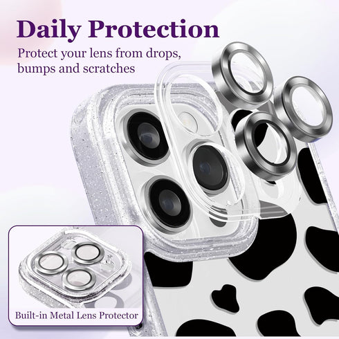 Compatible for iPhone 14 Pro Case Cute Aesthetic - Glitter Clear Phone Case with Camera Protector - Milk Cow Print Cover with Wrist Strap Design f...