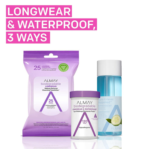 Almay Biodegradable Makeup Remover Pads, Longwear & Waterproof, Hypoallergenic, Fragrance-Free, Dermatologist & Ophthalmologist Tested, 120 count...