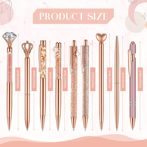 9 Pcs Rose Gold Ballpoint Pens Set with Metal Crystal Diamond Design for Women - Fancy Pens for Journaling, Writing, Gifts...