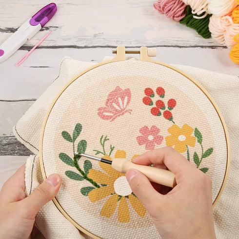Pllieay Punch Needle Embroidery Starter Kits for Kids and Adults Beginners, Include Instructions, Punch Needle Fabric with Floral Pattern, Yarns, ...