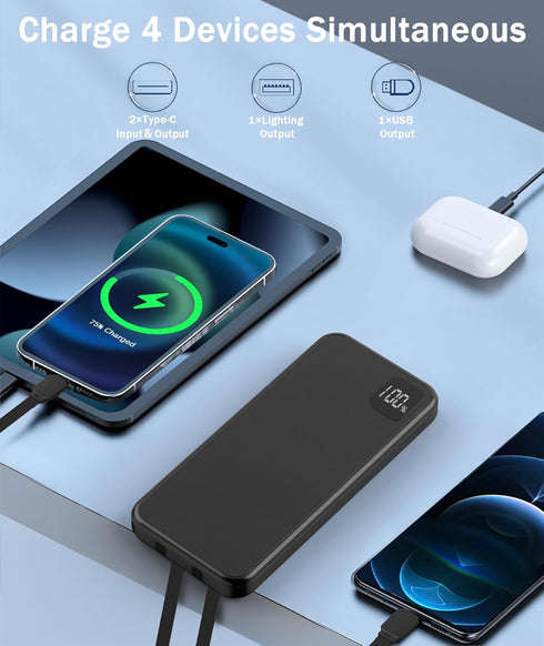 Portable Charger with Built in Cables, Portable Charger with Cords Wires Slim 10000mAh Travel Essentials Battery Pack 4 Outputs 3A High Speed Powe...