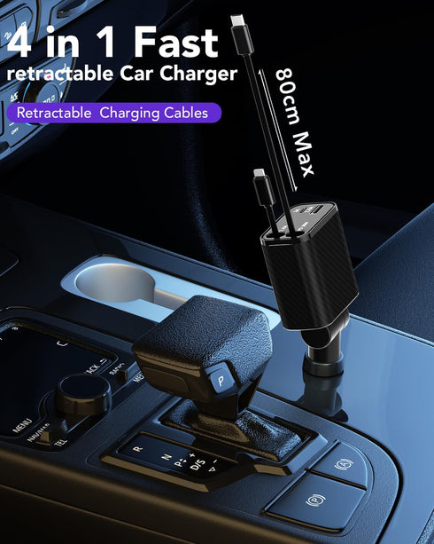HATALKIN Retractable Car Charger 4 in 1, 69W Fast Car Phone Charger, 2 Retractable Cables and USB C Car Charger, Car Charger Adapter for iPhone 16...