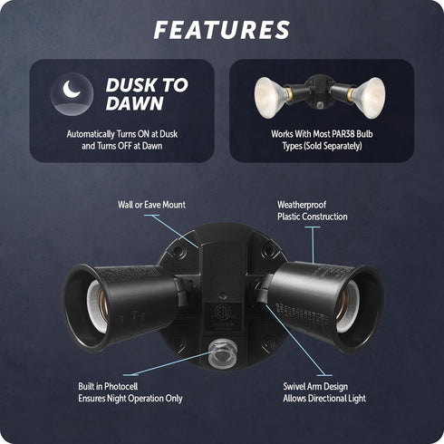Globe Electric 240 W Twin Head Black Hardwired Automatic Dusk to Dawn Security Flood Light, Spotlight, Outdoor, Outside House Lights...
