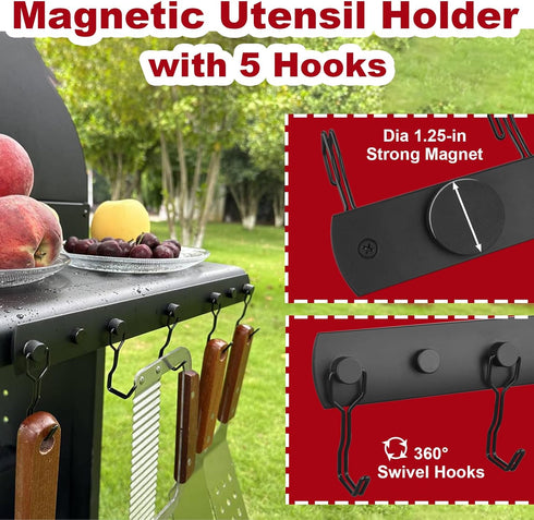 Magnetic Grill Hooks, Heavy Duty Magnetic Utensil Rack with 5 Hooks, Strong Magnetic BBQ Tool Rack, Grill Accessories for Traeger Blackstone Pit B...