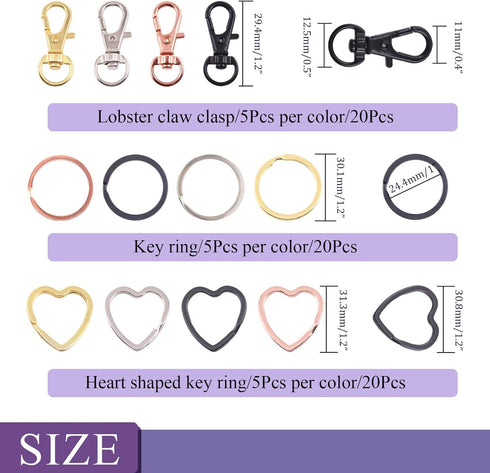 Swpeet 60Pcs Round and Heart Shape 4 Colors Key Rings O Rings with Metal Swivel Lobster Claw Clasp Keychain Assortment Kit, Flat Keychain Rings Me...