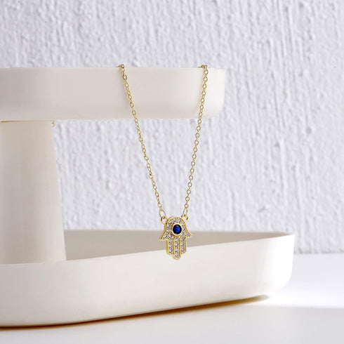 Kyerlyn Hamsa Hand Pendant Necklace 14K Gold Plated Cubic Zirconia CZ Hamsa Hand Necklace Dainty Evil Eye Necklace for Women Handmade Necklace Gif...
