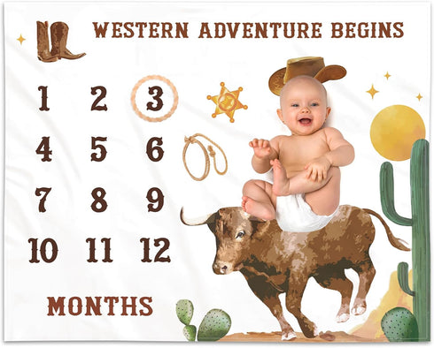 Cowboy Baby Monthly Milestone Blanket with Felt Lariat Frame Western Bull Theme Blankets for Toddler Photography Background Prop Cow Pattern Soft ...