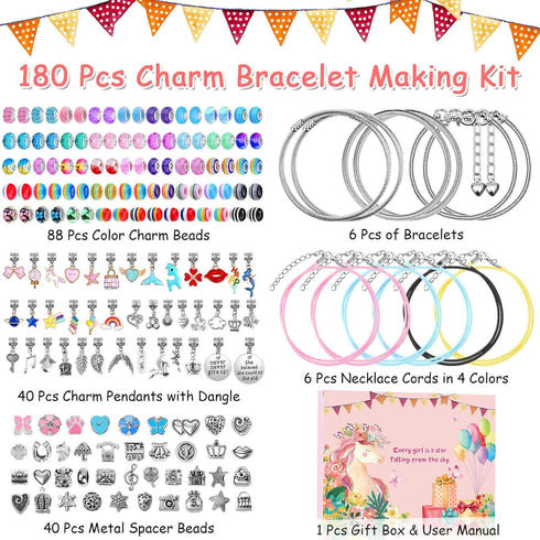 shynek 180 Pieces DIY Charm Bracelet Making Kit for Girls 8-12, Jewelry Making Kit for Girls with Bracelet Making Beads, Snake Chains for Girls Ch...