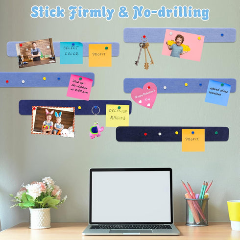 8 Pack Felt Pin Board Bar Strips, 15inch Bulletin Board Bar Strips Self-Adhesive Cork Board for Wall Office Decor with 35 Push Pins(Blue)...