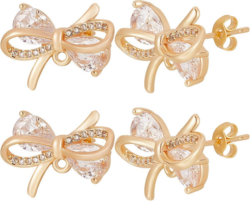 Beebeecraft 1 Box 10Pcs Bowknot Stud Earring Findings 18K Gold Plated Clear Cubic Zirconia Earring Posts with Loop and Butterfly Earring Backs for...