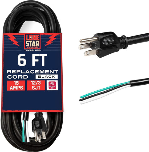 Lonestar 12 AWG Replacement Power Cord with Open End - 6 Ft Appliance and Power Tool Cord 15 Amp, 12/3 SJT, NEMA 5-15P - Texas Based American Busi...