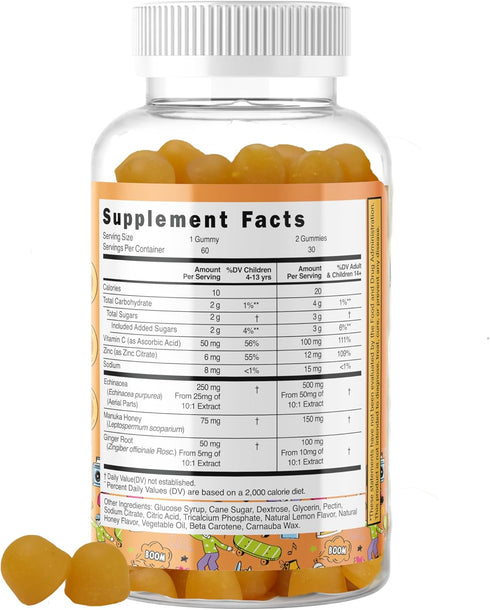 5-in-1 Kid's Immune Support Gummy, Manuka Honey, Vitamin C, Zinc, Echinacea, Ginger, Gummy Supplement, Essential Immune Support Gummies for Daily ...