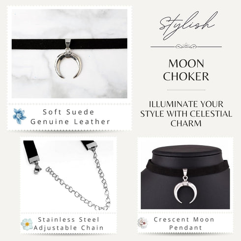 Black Suede Leather Choker Necklace with Silver Crescent Moon Pendant for Women Men...