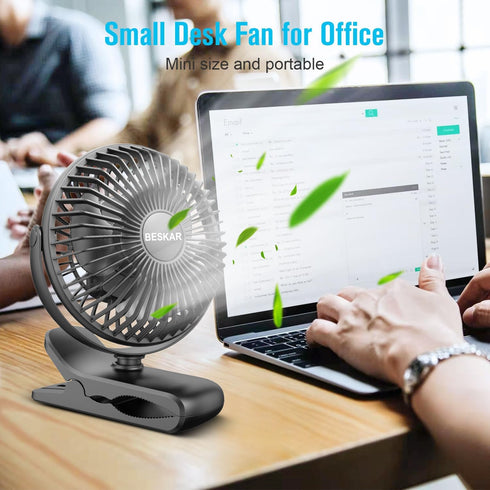 BESKAR Portable Clip on Fan Rechargeable, 4 Speeds Small Battery Operated Fan, USB Desk Fan with Strong Airflow, Sturdy Clamp for Golf Cart Office...