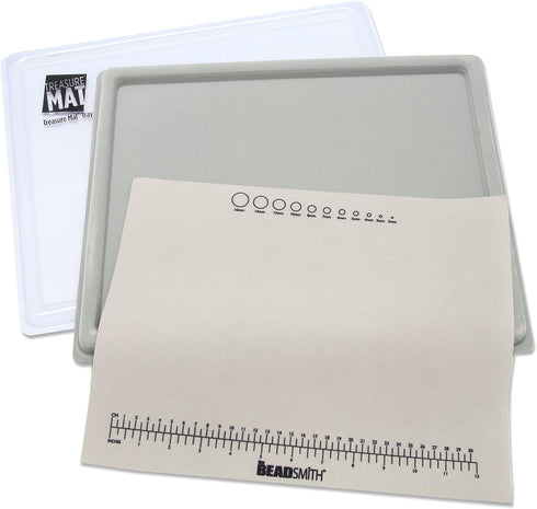 The Beadsmith Treasure Mat Tray and Mat - 11 x 14 Inches - Grey Flocked Tray with Cover - Non-Slip, Rubber Base Mat - Design Board for Jewelry Mak...