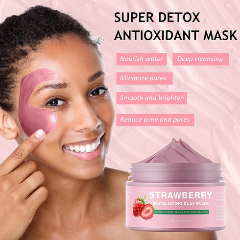 Strawberry Clay Mask for Face, Pink Clay Facial Mask Skin Care Improve Blackheads Acne Dark Spots, Deep Cleansing Face Mask Control Oil and Refini...