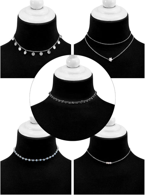 BBTO 9 Pieces Women Girls Layered Choker Necklace Sliver Layered Pendant Choker Jewelry Set (Style 1)...