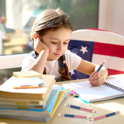 50Pcs Independence Day Pencil with Erasers American Flag Short Writing Pencils Red White Blue Patriotic Half Pencils for 4th of July School Office...