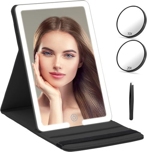 Lighted Travel Makeup Mirror with Round 10X & 20X Magnifying Mirror, PU Leather Vanity Mirror with Lights with 2000mAh Battery, LED Tabletop Cosme...
