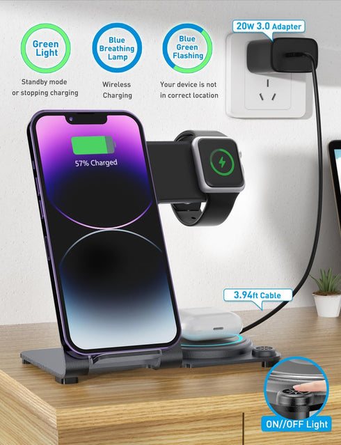Wireless Charger, Mlfsaier Aluminum Alloy 3 in 1 Charging Station Stand for Apple iPhone/iWatch/Airpods,iPhone 15,14,13,12,11 (Pro, ProMax)/XS/XR/...