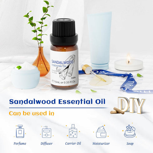 HIQILI Sandalwood Essential Oils for Skin, Diffuser, Perfume, Candle, Soap Making, 100% Pure Undiluted 10ml/0.33 Fl.Oz...