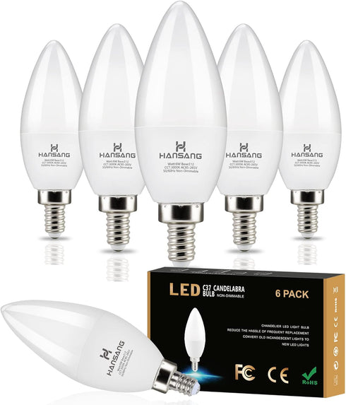 hansang E12 LED Candelabra Bulbs 3000K Soft White 6W 60Watt Equivalent, B11 Ceiling Fan Light Bulbs Small Base, C37 Type B Light Bulb for Chandeli...