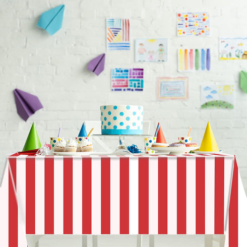 peony man 2 Pieces Red and White Striped Tablecloth Plastic Stripe Table Cover Carnival Circus Tablecloths Waterproof Rectangle Tablecloth for Hol...