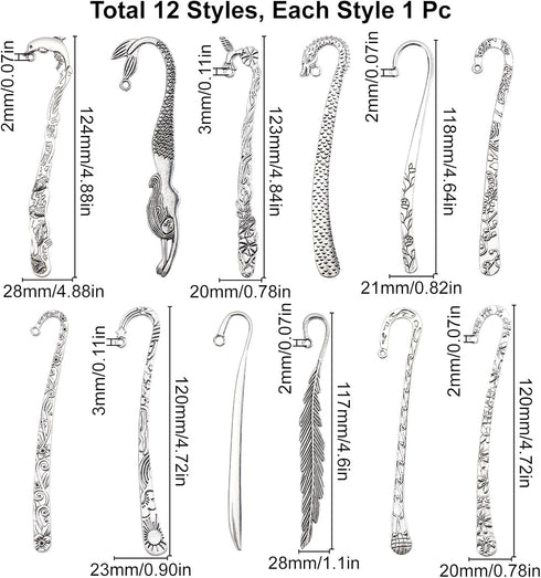 SUNNYCLUE 12Pcs 12 Styles Hook Bookmarks Findings Metal Bookmark Hairpin Stripe Hook Vintage Bookmark Clip for Crafting Jewelry Making Charms Chri...