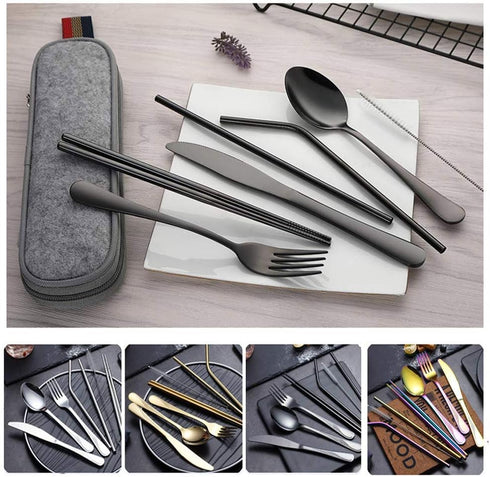 Travel Utensils Set with Case Reusable Stainless Steel Silverware Flatware Set 9 Pcs Portable Cutlery Eating Utensils Set for Lunch Boxes Workplac...